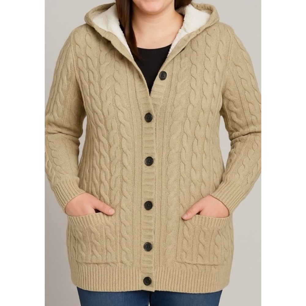 d&co Cable Knit Hooded Cardigan w/ Sherpa Lining – Beige, Size Large